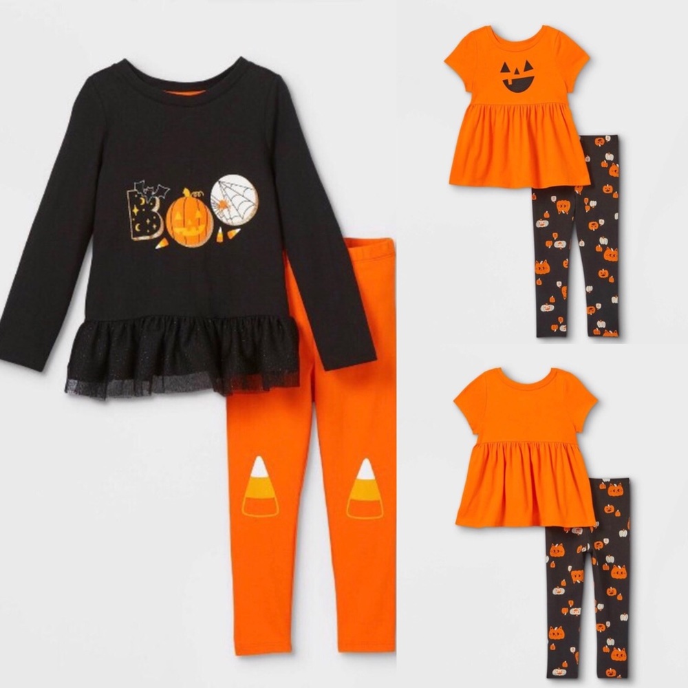 CAT & JACK Girls Halloween ‘Boo’ Peplum Long Sleeve Top & Pumkpin Sets